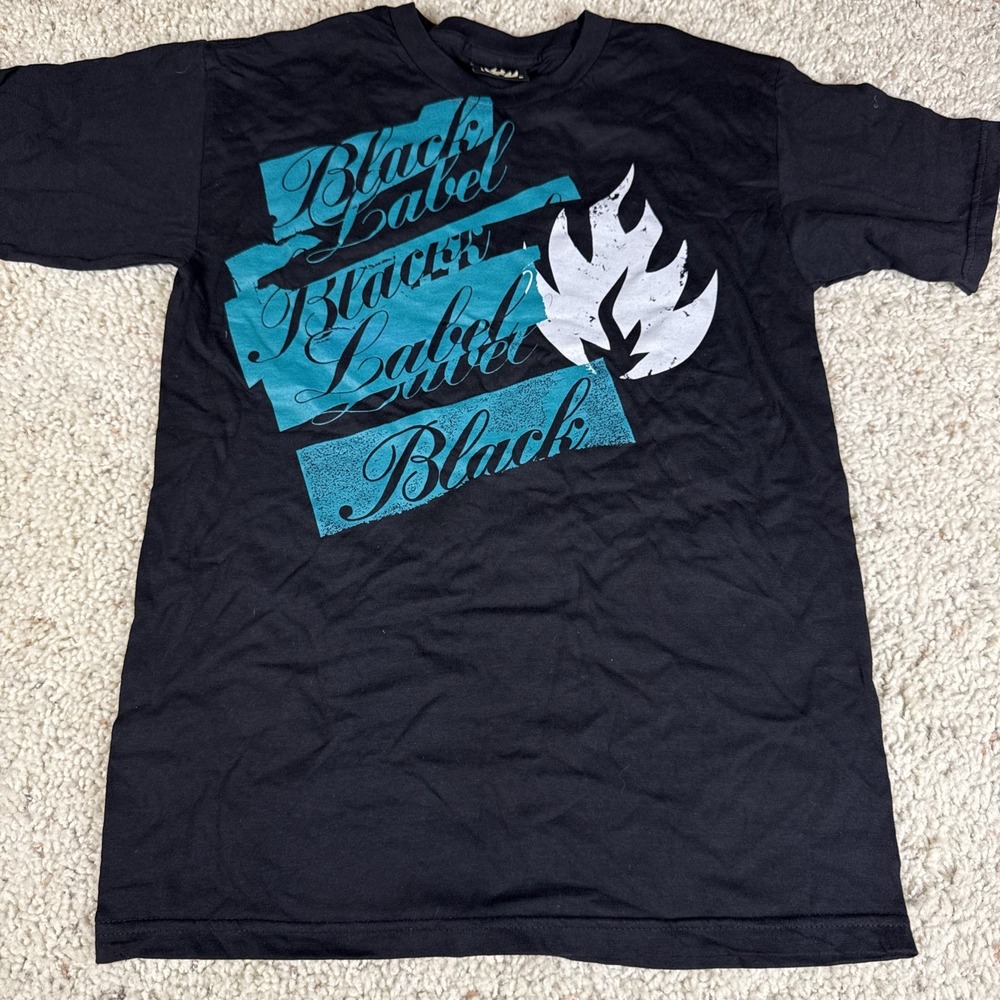 Vintage‎ RARE Black Label Skateboards Tee Shirt Small Y2K Stacked Labels